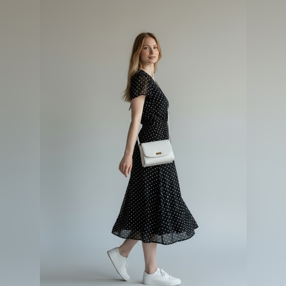 Black and White Polka Dot Midi Dress 14P, Chiffon overlay with lining by MSK